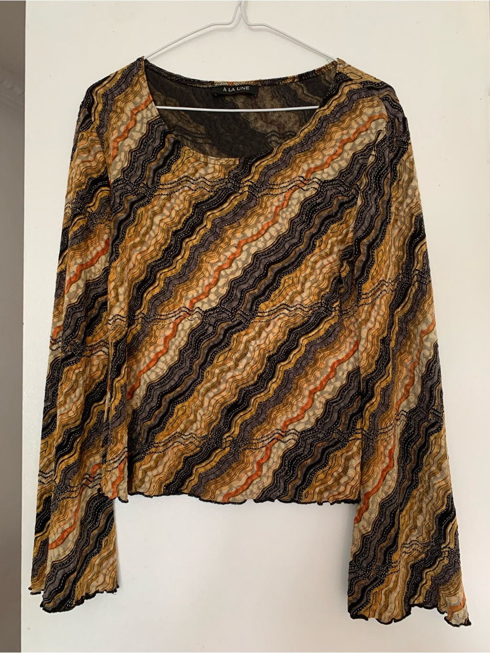 Vintage Y2K À La Une Sheer Mesh Top - Earth Tone Chevron Pattern